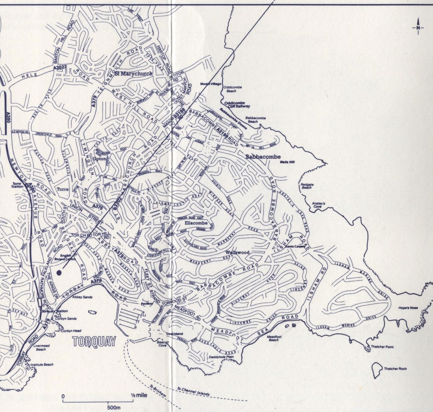 Street map of Torquay marking the location of Torre Abbey on the seafront beside the English Riviera Centre