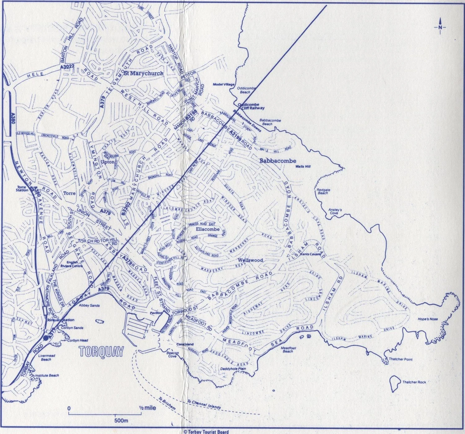 Street map of Torquay marking the location of Livermead House Hotel on the sea front near Corbyn Head