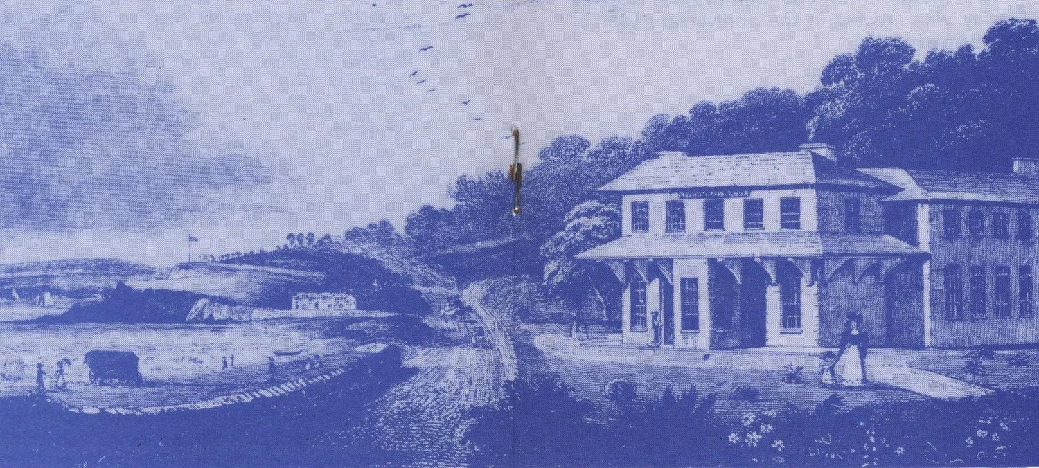 Nineteenth century engraving of Livermead House, a colonnaded villa beside a country road running down to the shore