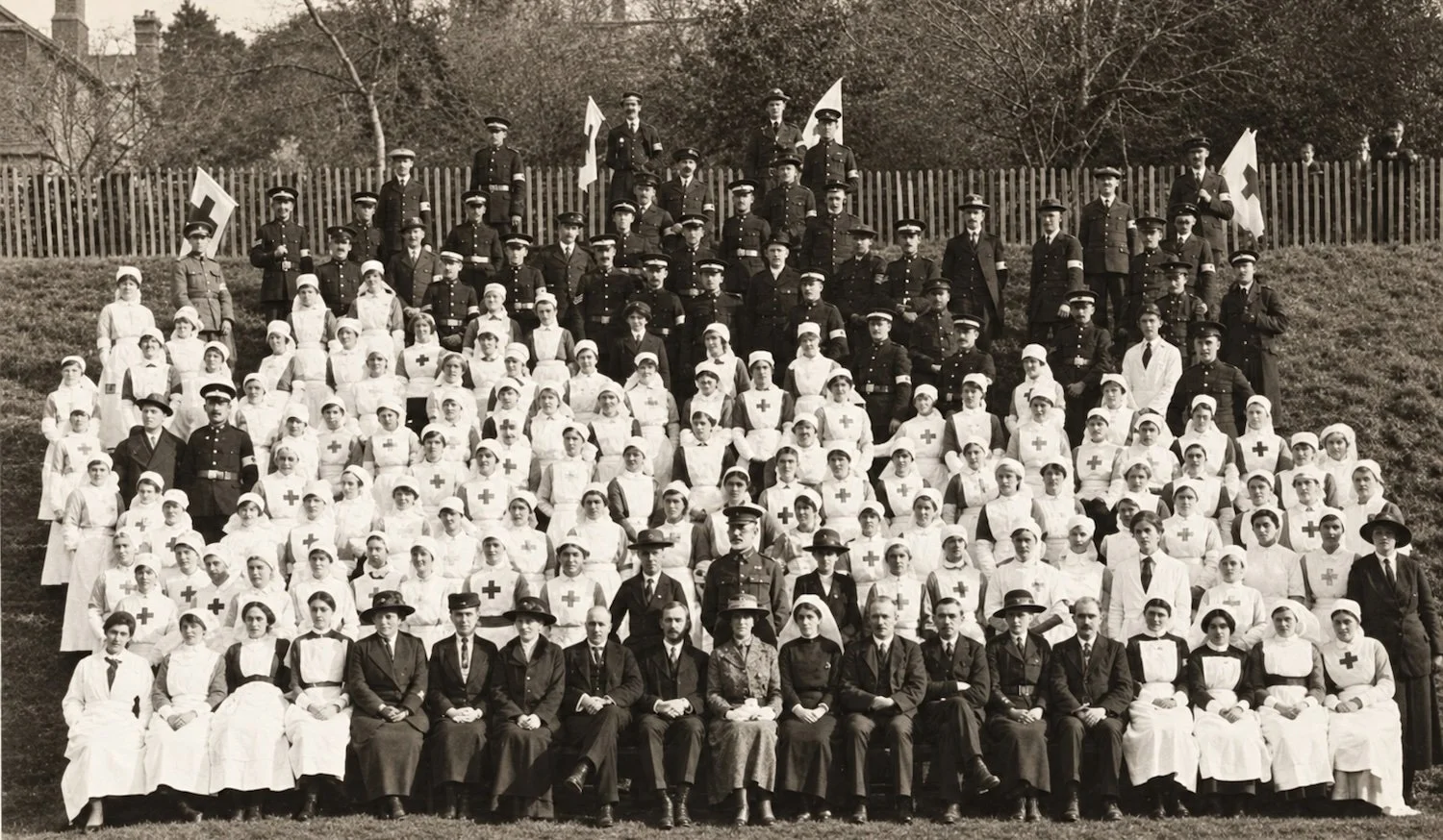 Group photograph of staff at the Town Hall hospital in Torquay, AI-enhanced version