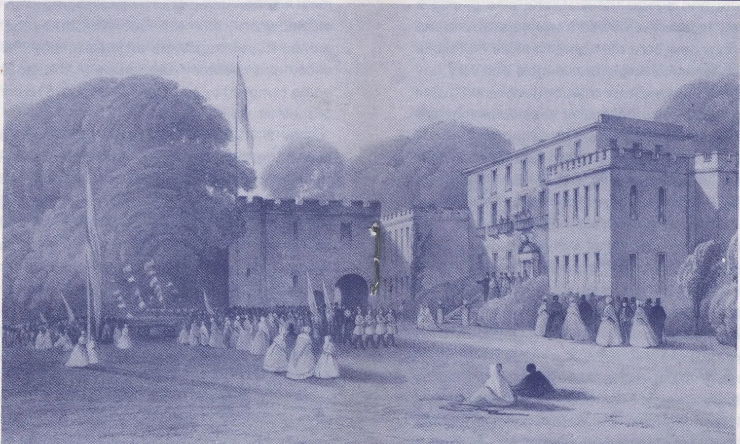 Print of the coming of age celebration for Robert Sheddon Sulyard Cary in June 1849, with crowds in Victorian dress gathered on the lawn before the abbey gatehouse and the Georgian south front