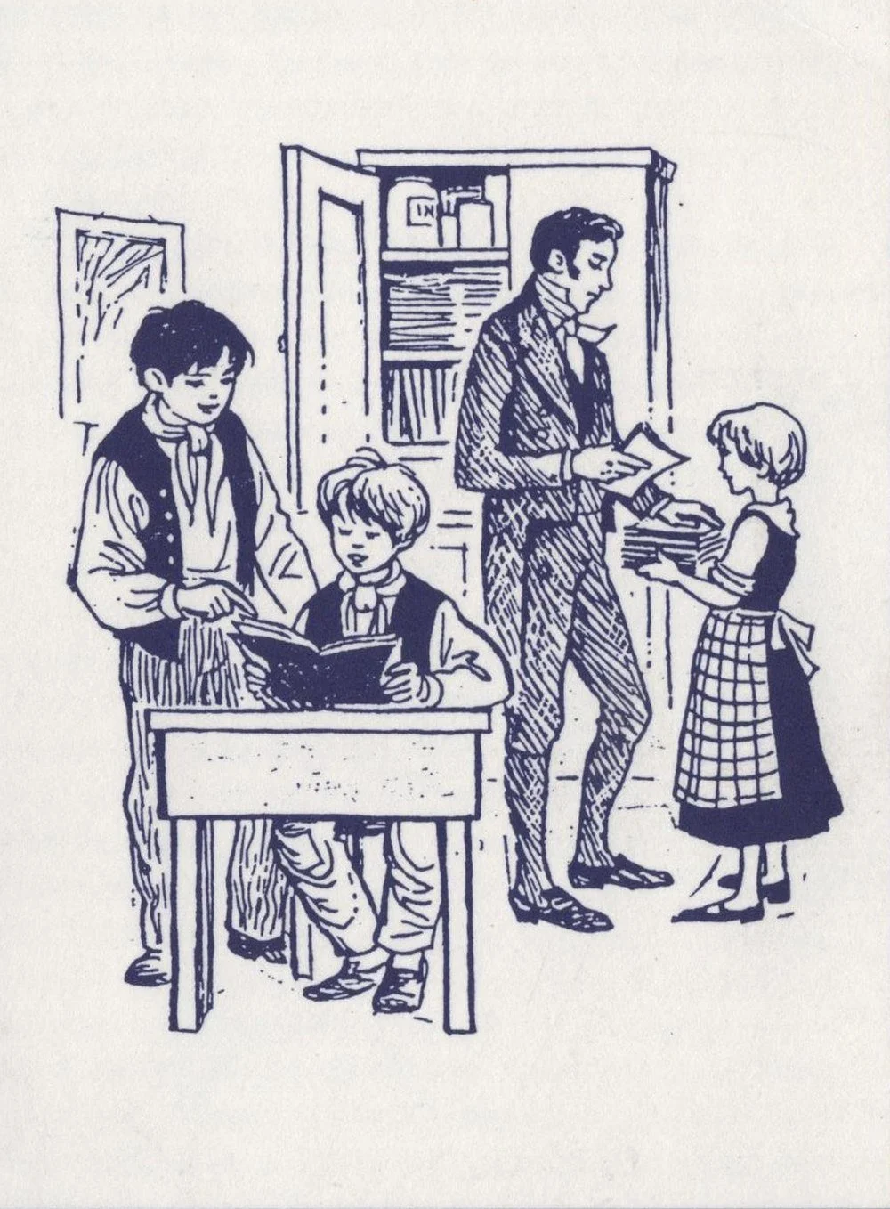 Line drawing of a schoolmaster handing out books to three children in an early nineteenth century classroom