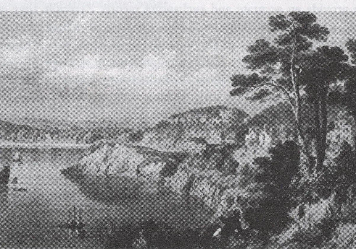 A lithograph of Park and Waldon Hills at Torquay, with the shoreline, small boats and villas among trees