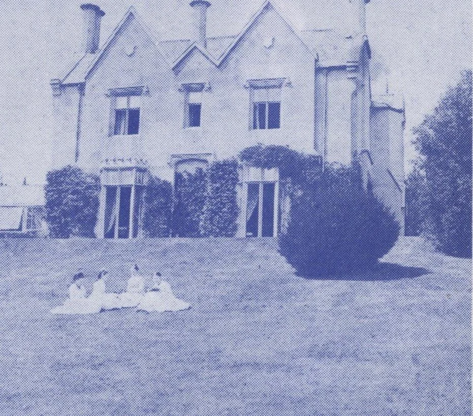 Orestone Manor in the 19th century, with figures on the lawn