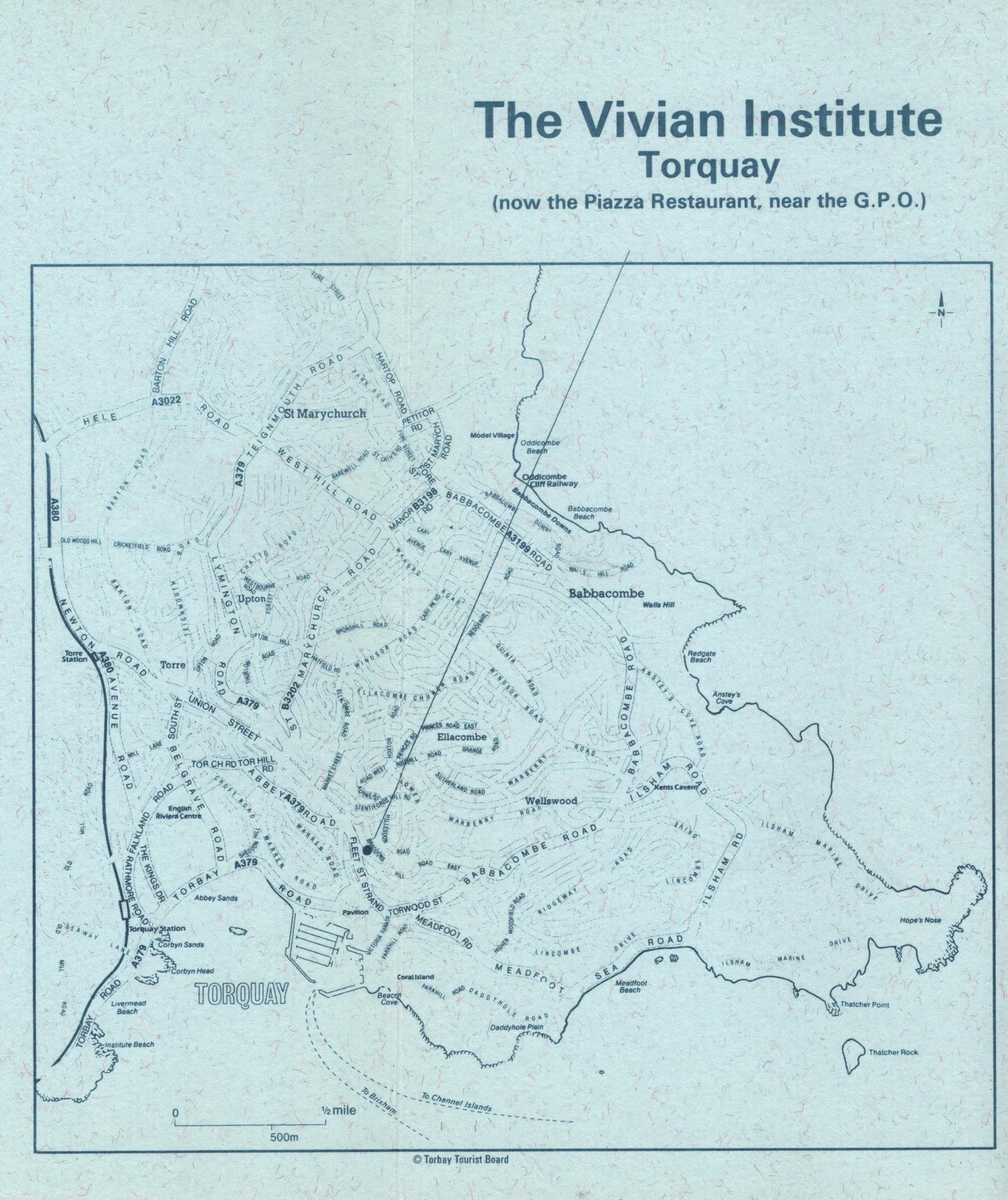 Location map showing the Vivian Institute, now the Piazza Restaurant, near the G.P.O., Torquay
