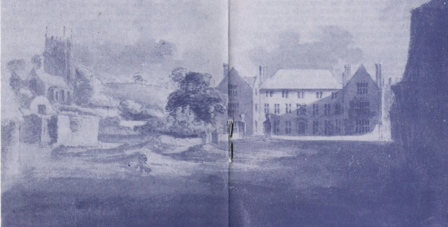 Sketch of Cockington Court in 1679, showing the gabled house with tall chimneys and the church tower beyond