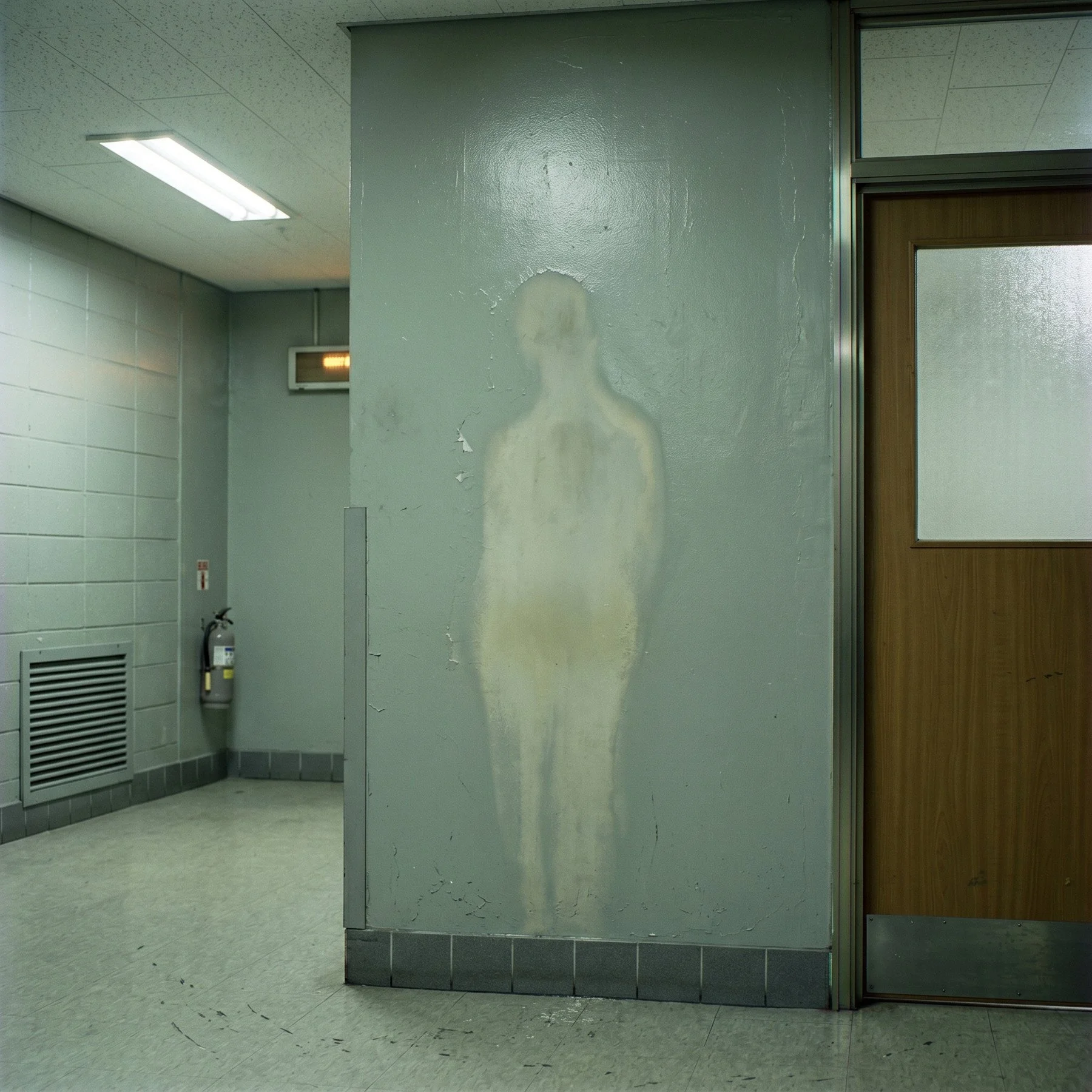 A human-shaped patch on the painted wall of an empty institutional interior.