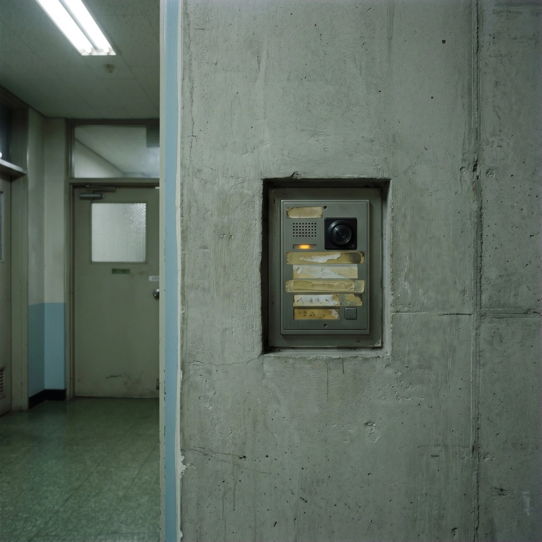 A worn intercom with a camera lens and faded name labels beside an empty hallway.