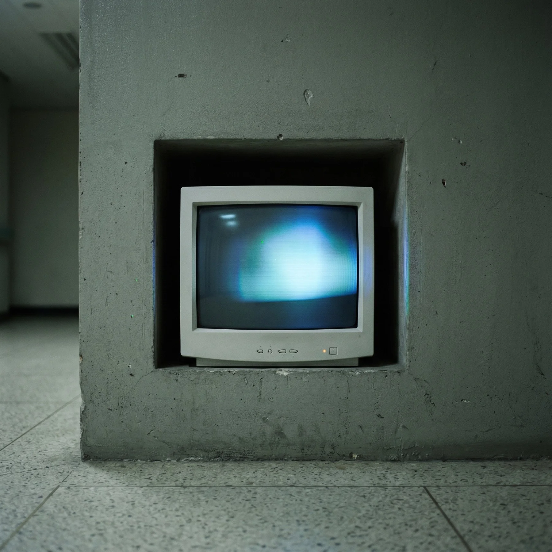 A small CRT monitor glowing blue inside a recess in a concrete wall.