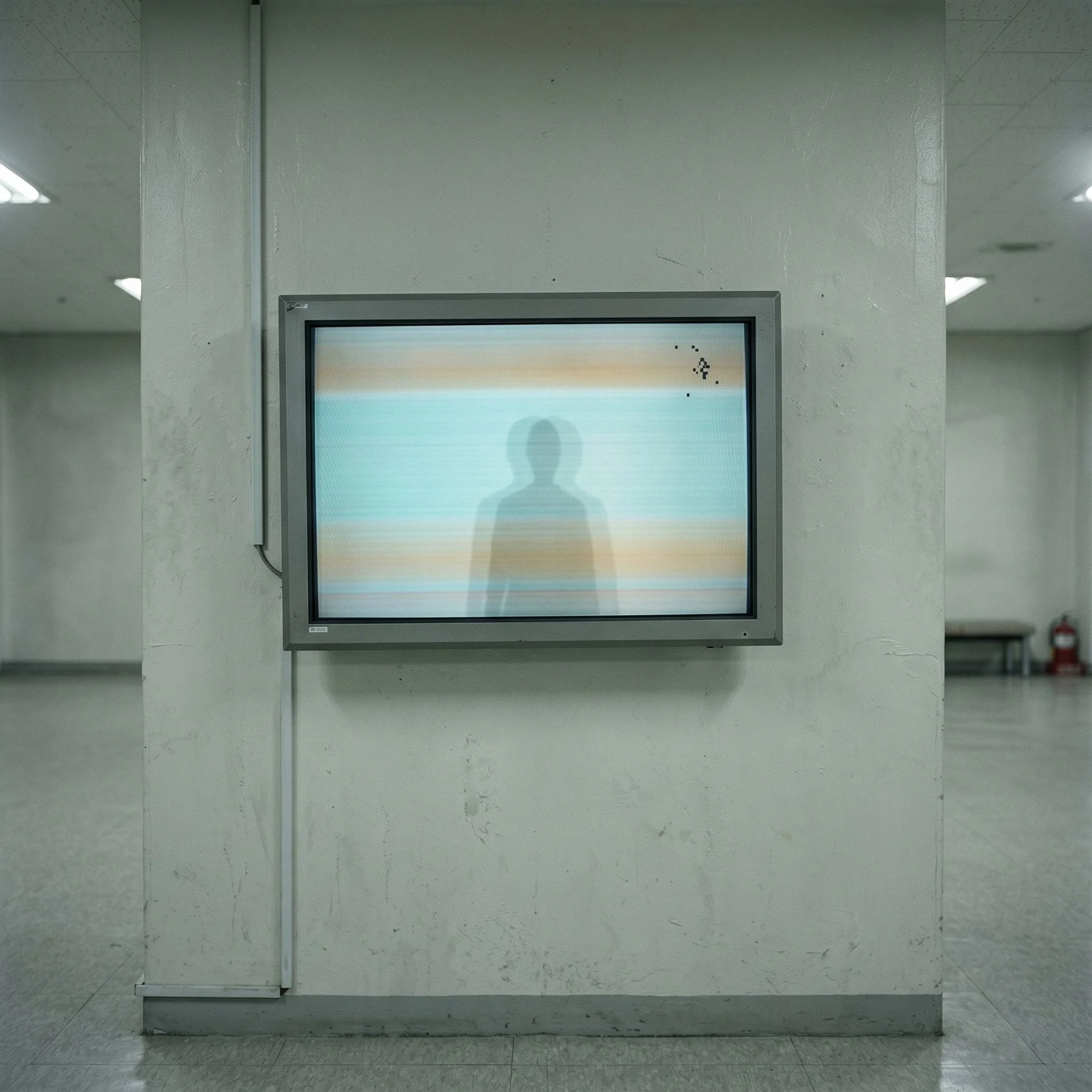 A doubled human silhouette on a wall-mounted screen.