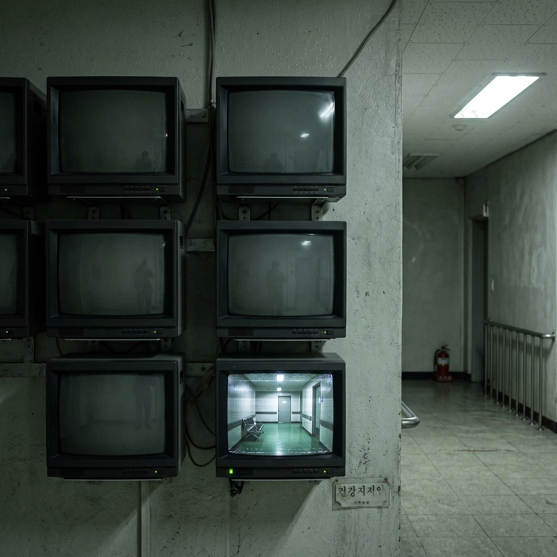 A bank of monitors showing faint human forms, with one screen displaying an empty corridor.