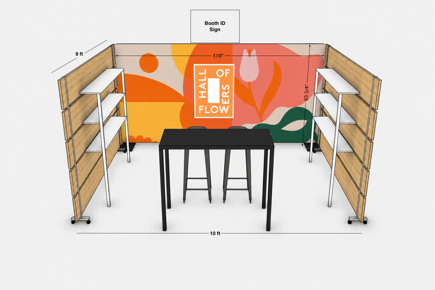 Boutique booth rendering — 9 ft by 10 ft