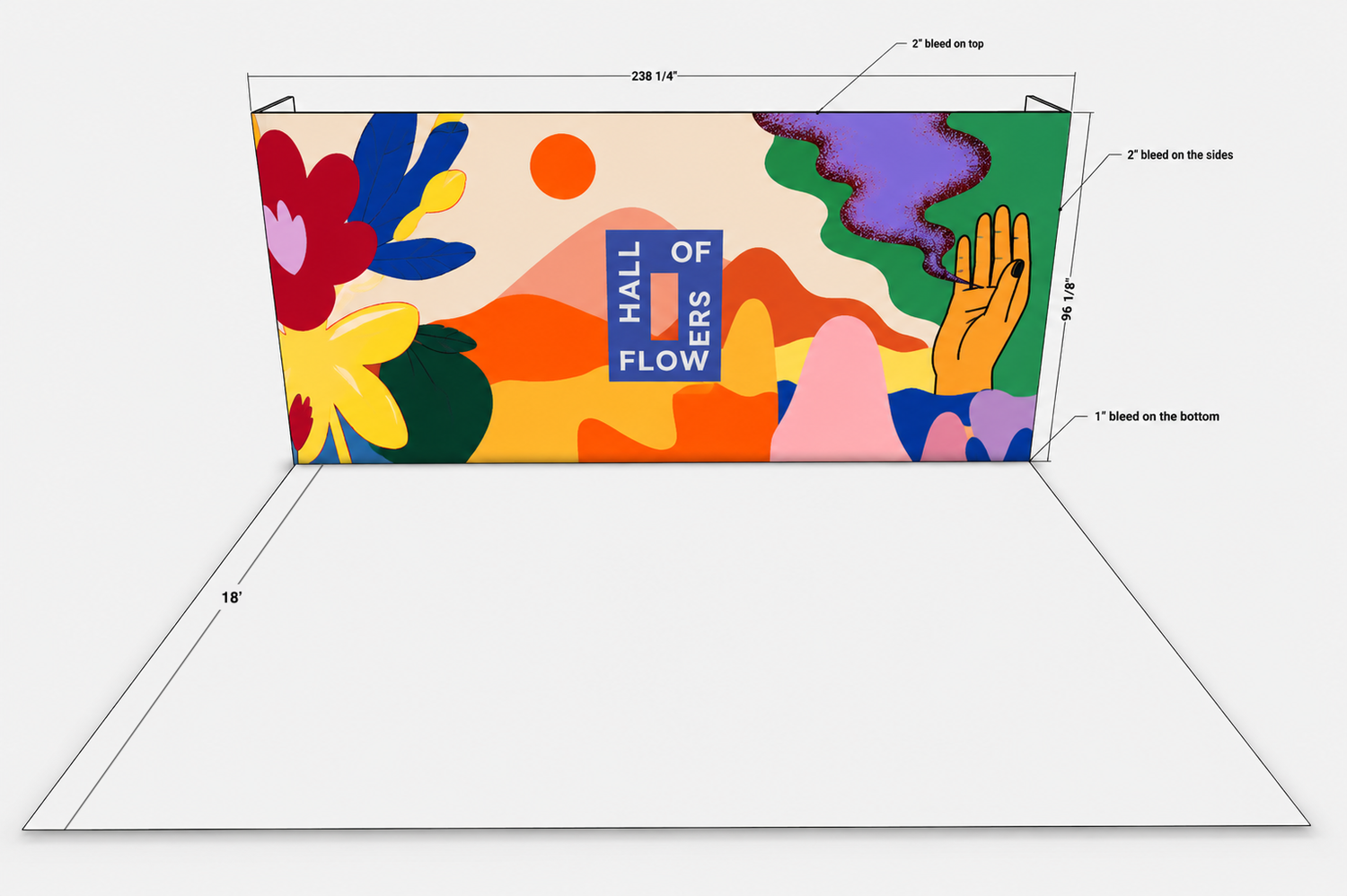 Arena booth rendering, 19 ft 10 in wide by 18 ft deep by 8 ft high