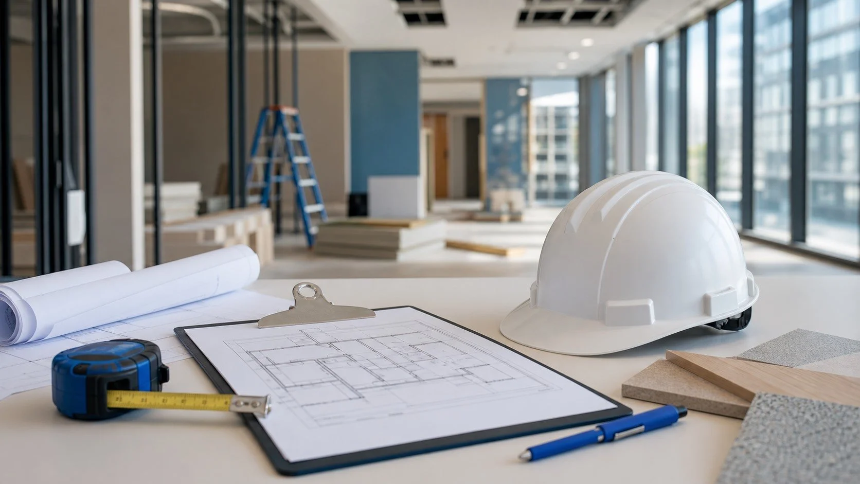 Project management setup with plans and hard hat