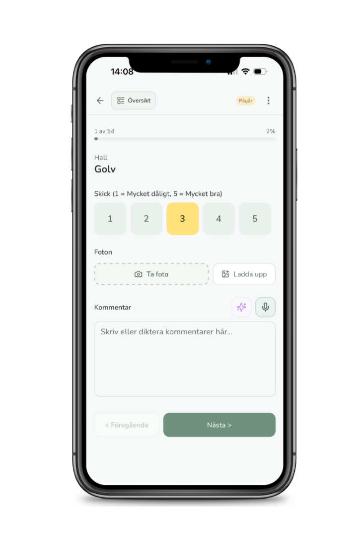 Besiktigos app med en besiktningspunkt för golv, bedömning och kommentar.