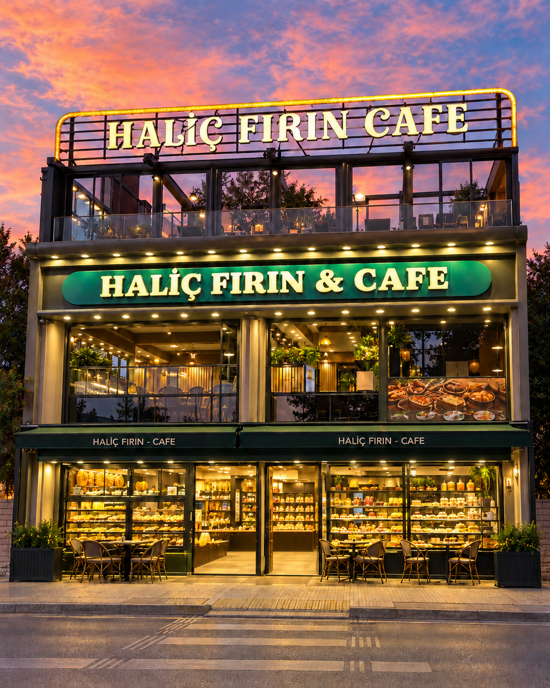 Gün batımında ışıkları yanan Haliç Fırın ve Cafe Beyoğlu dış cephesi