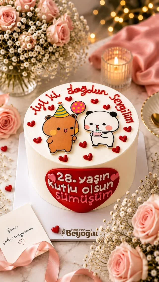 Sevimli karakterler ve kırmızı kalplerle kişiye özel kutlama pastası