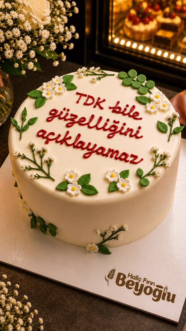 Beyaz çiçek ve yeşil yaprak süslemeli, kişiye özel mesajlı pasta