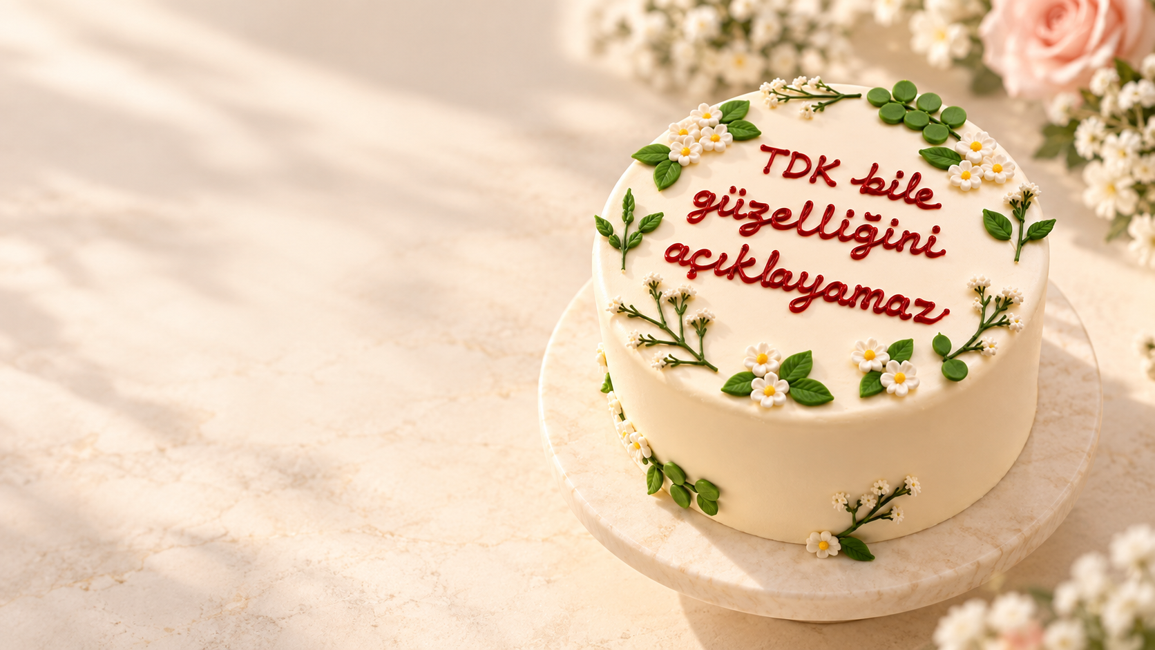 Beyaz çiçek ve yeşil yapraklarla süslenen, kırmızı mesajlı özel pasta
