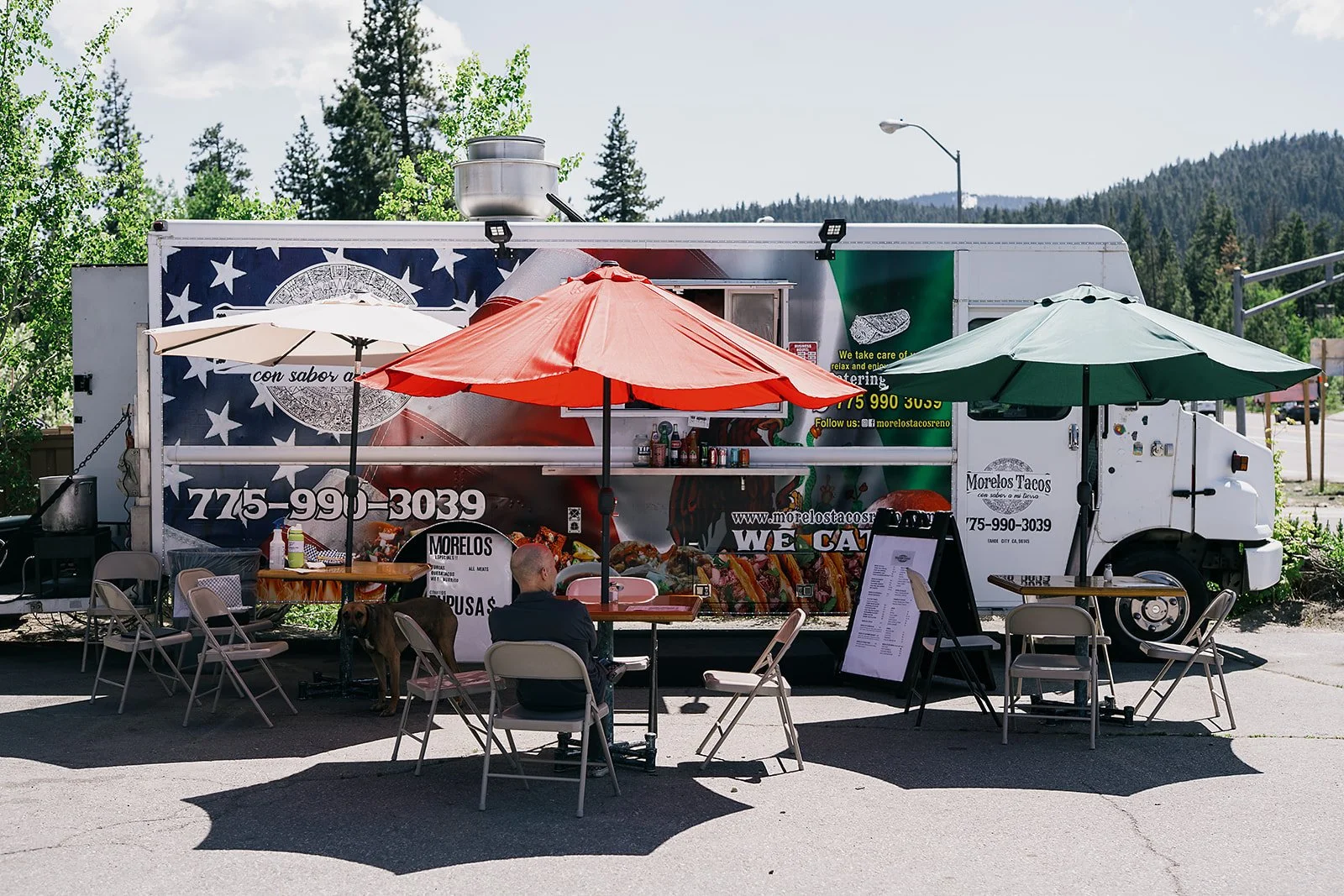 The Morelos Tacos truck under the pines on the North Shore