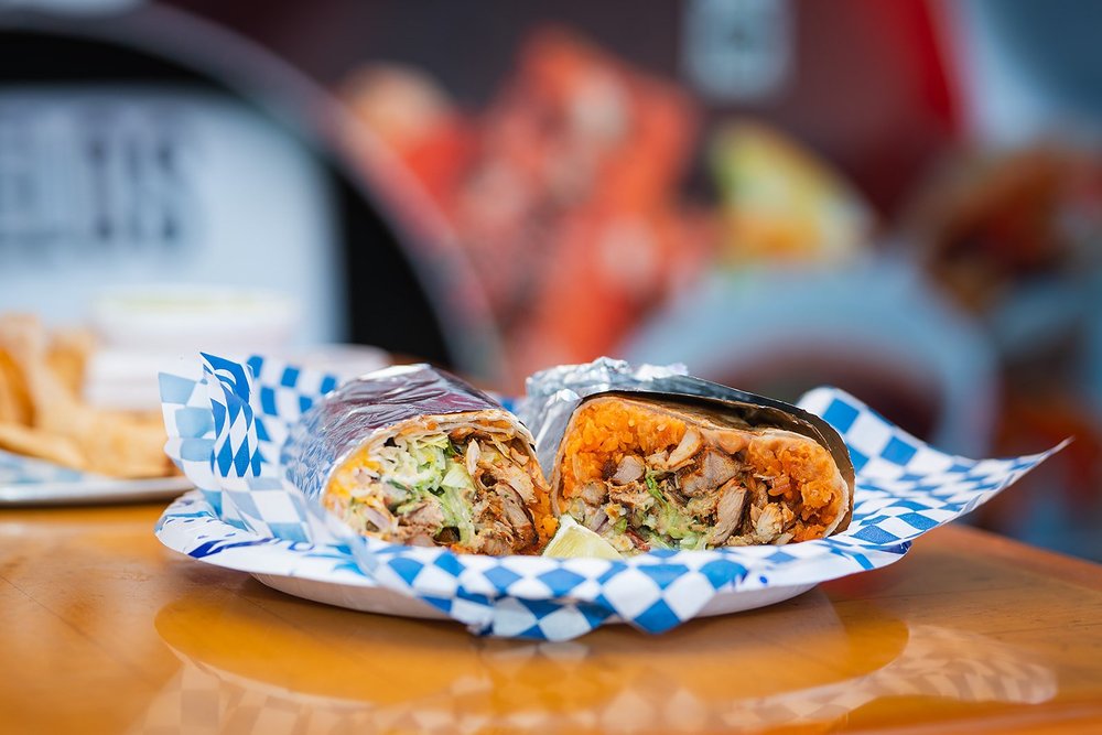 A Morelos Tacos burrito cut open