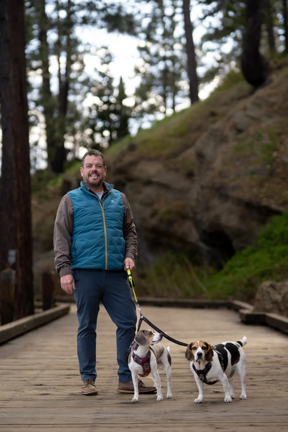 Chris Gallagher walking his two beagles in Tahoe City