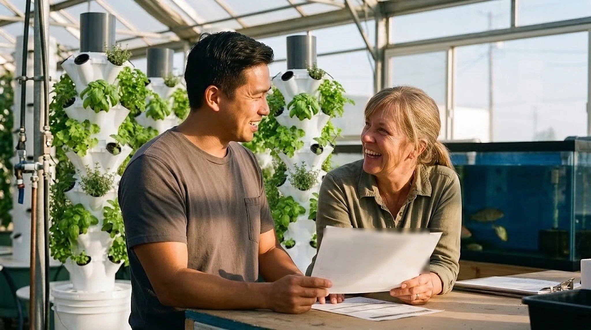 Nanoco and a California grower reviewing a plan in a greenhouse, V-Gro towers behind them