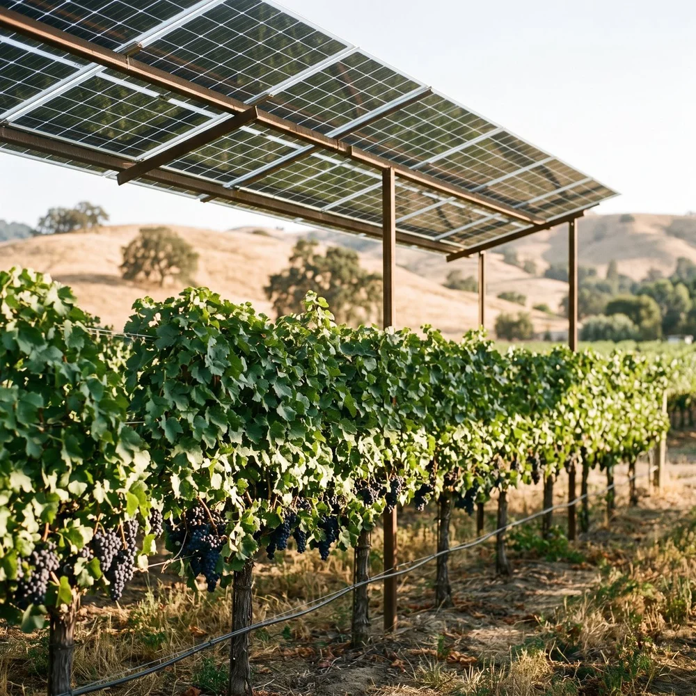 Solar glass canopy over a vineyard row