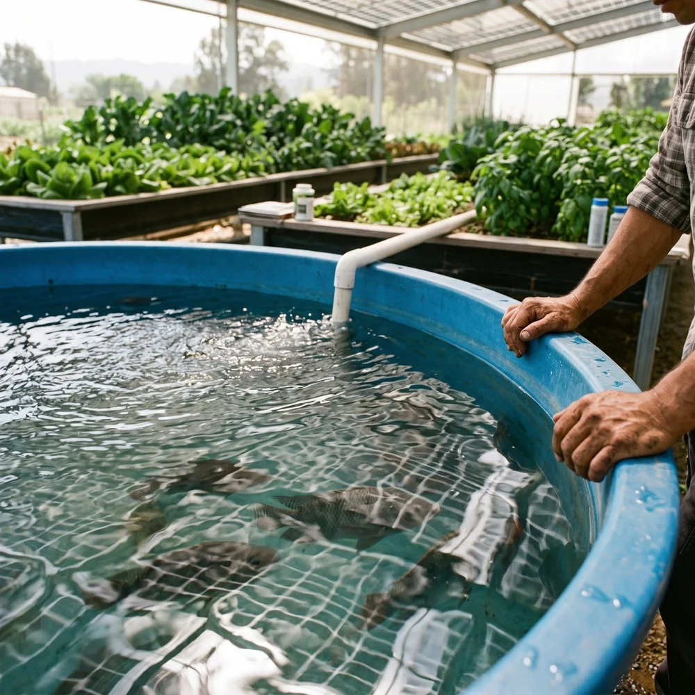 Aquaponic fish tank feeding grow beds
