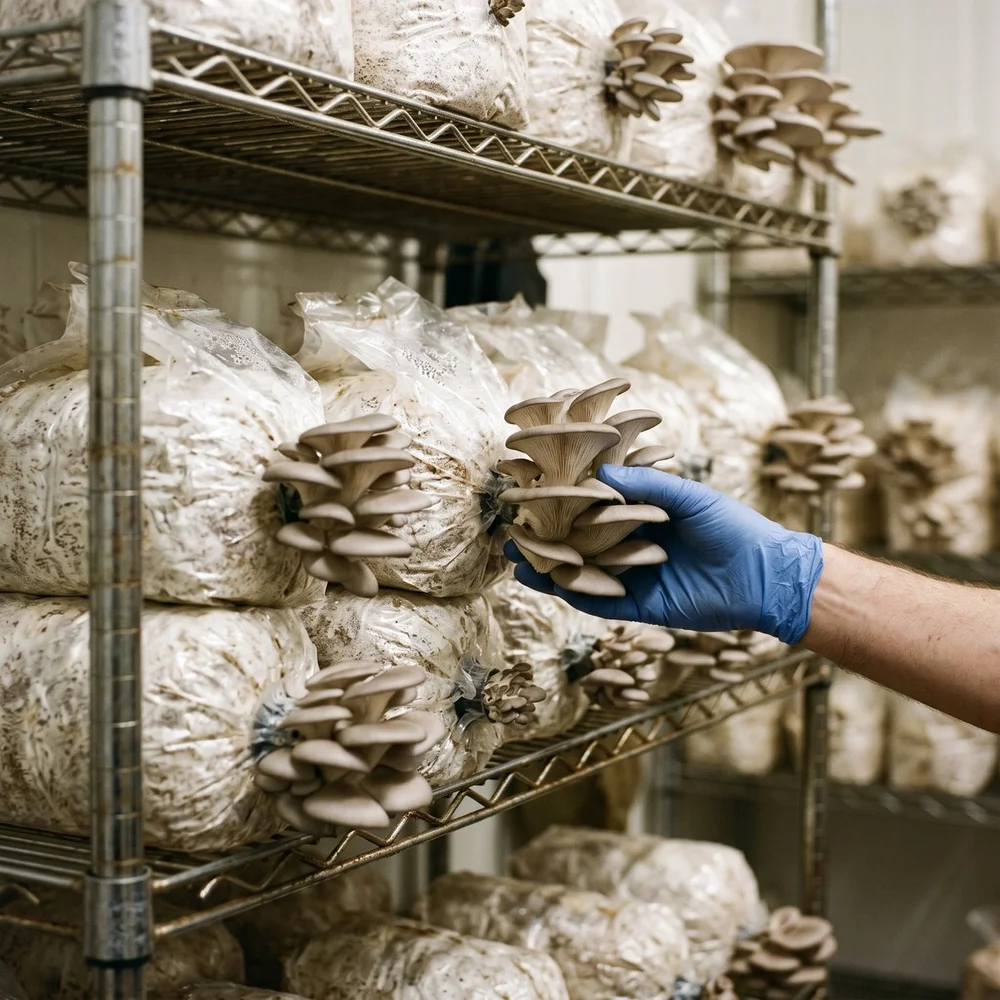Oyster mushrooms fruiting from cultivation blocks