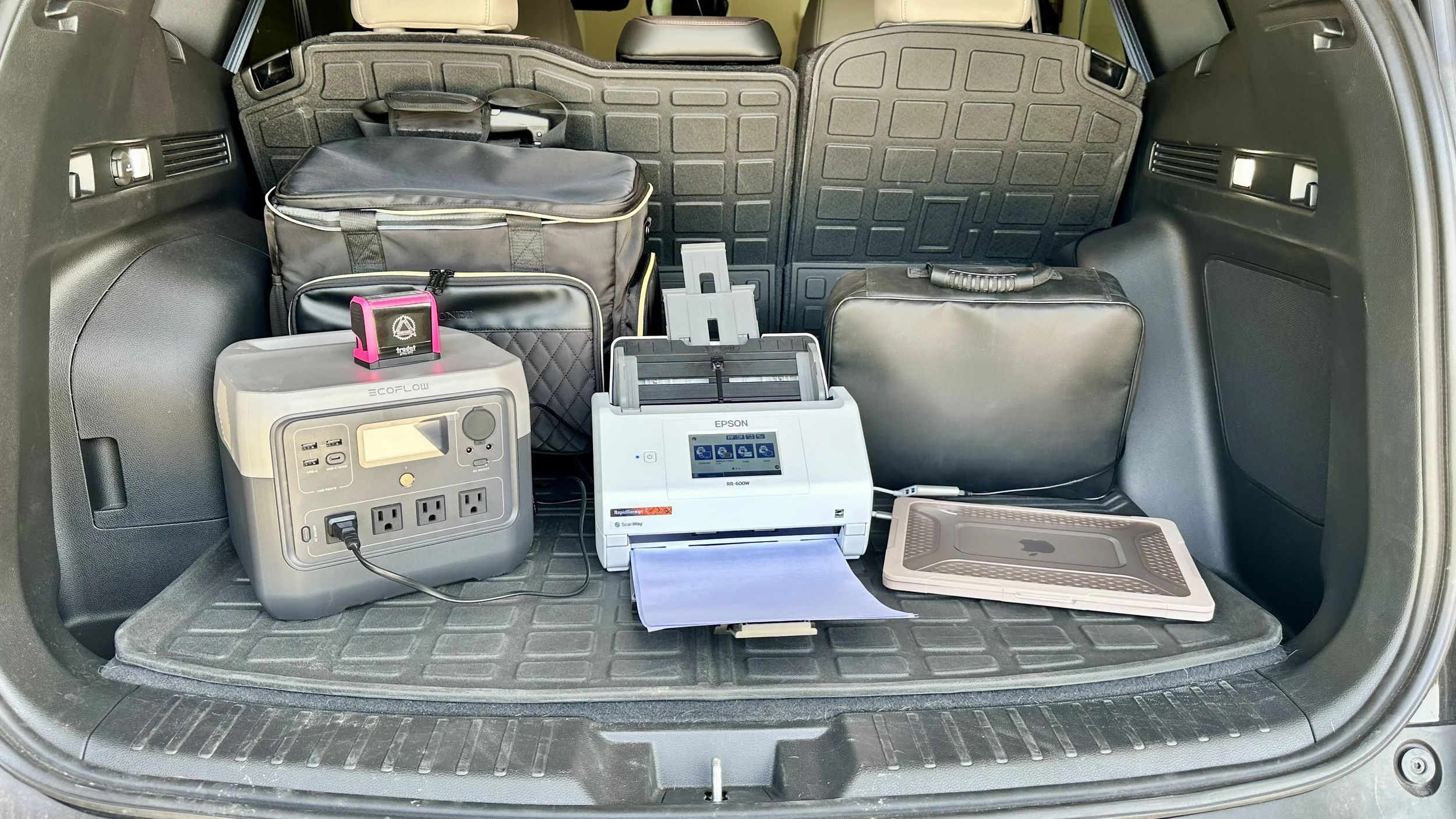 Mobile notary scanning setup with power source and stamp