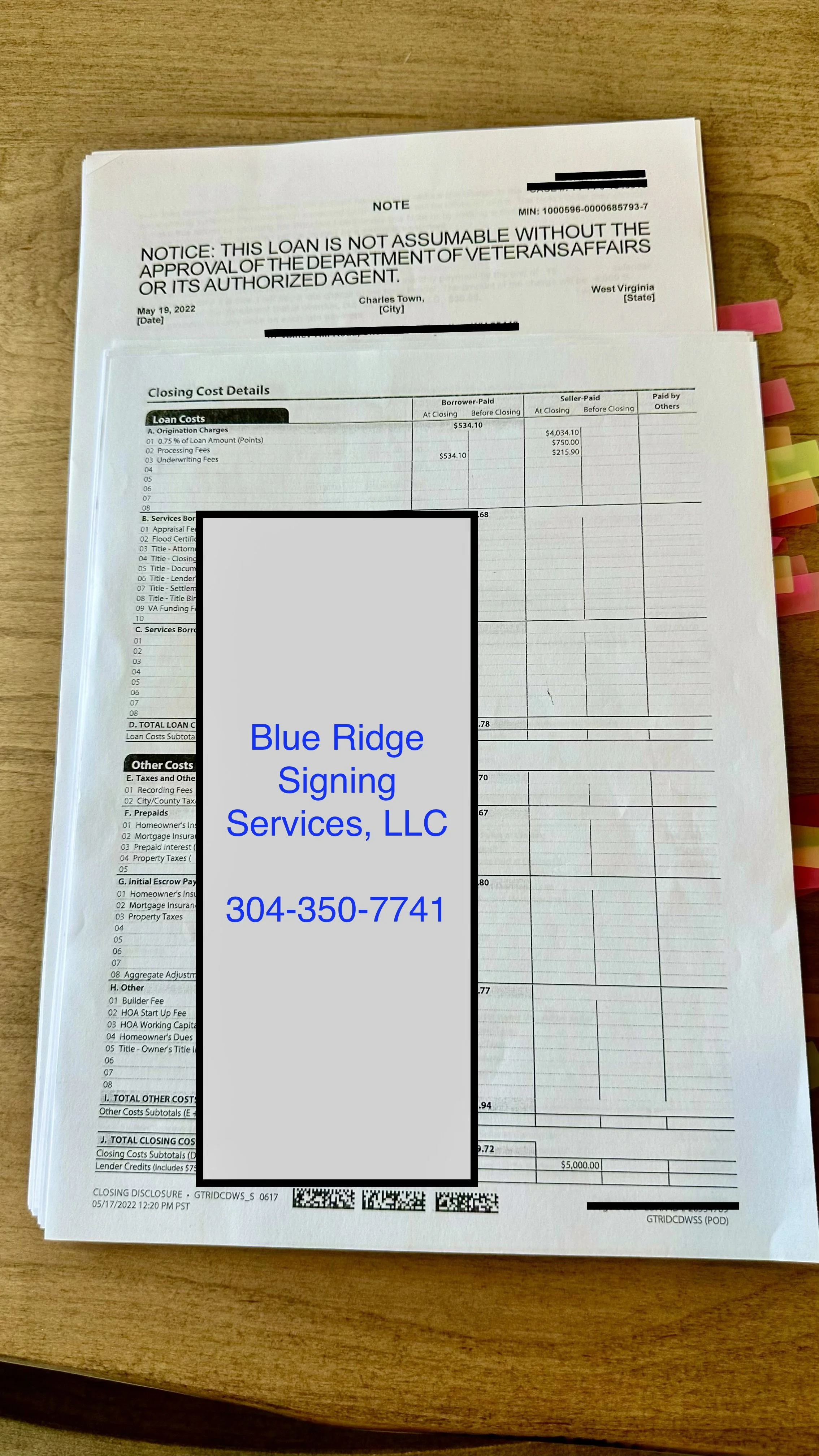 Loan signing package with organized document tabs