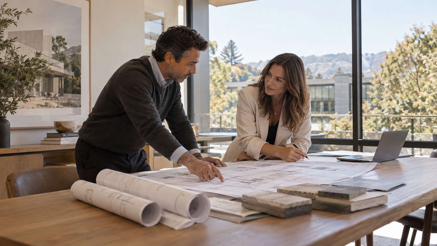 AI-generated illustration of business professionals reviewing construction plans together.