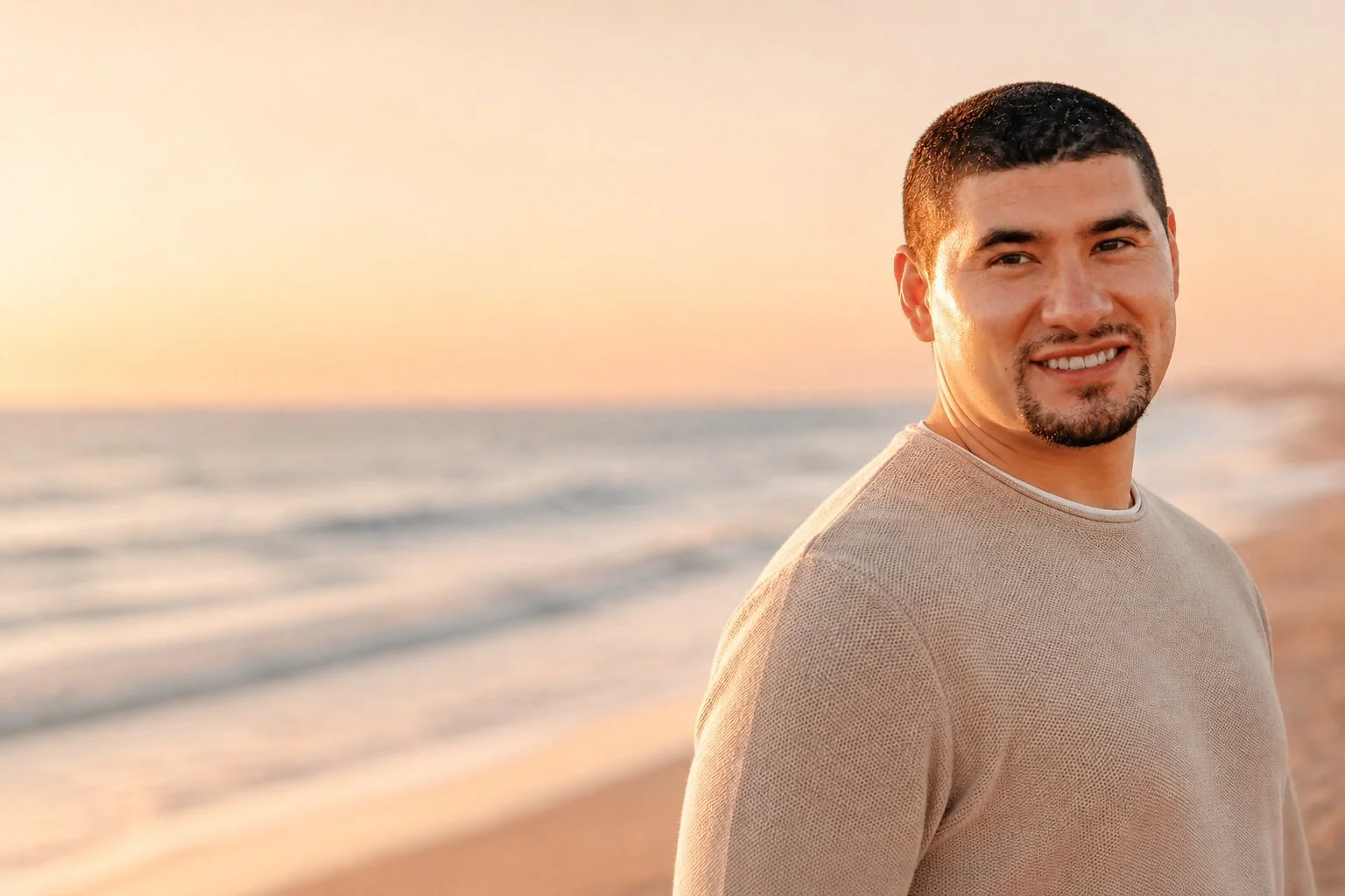 Tony Lopez photographed at the beach during golden hour