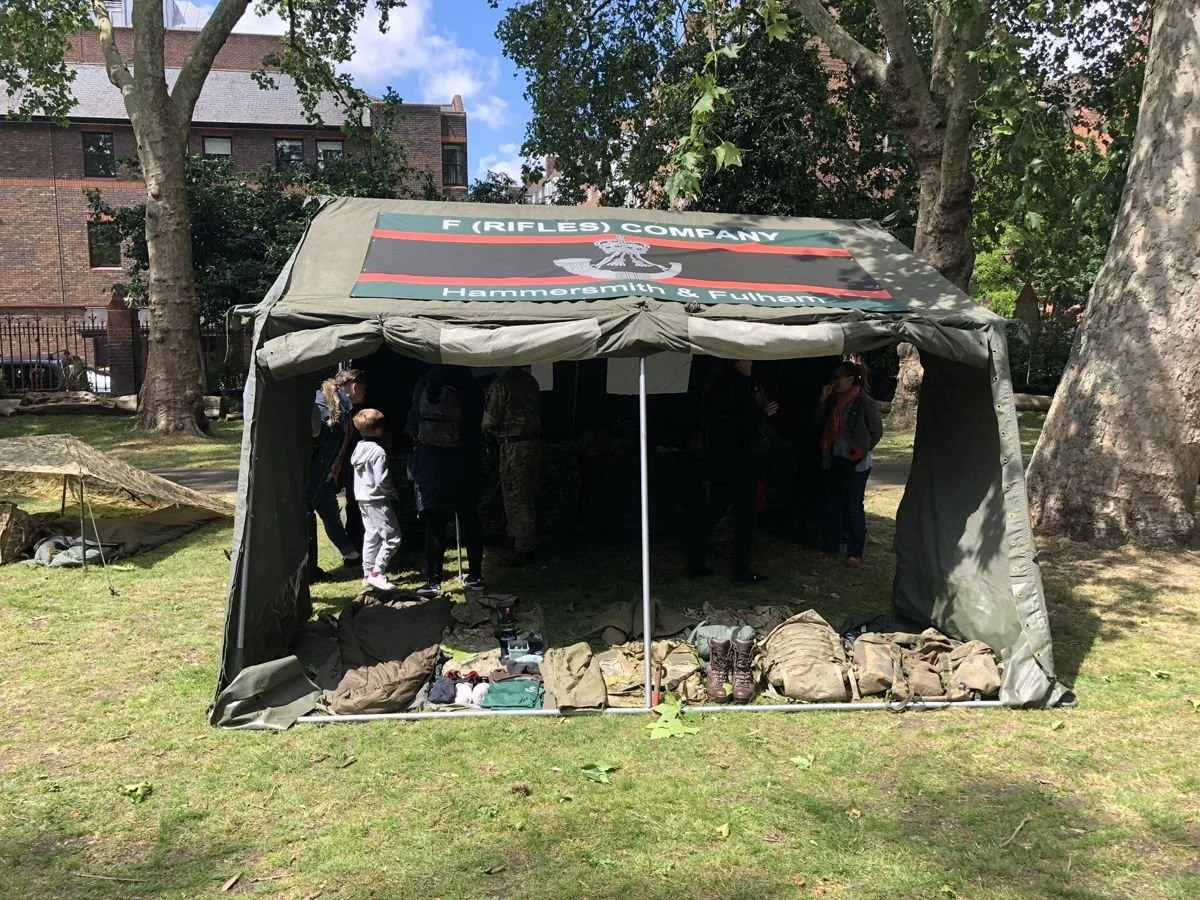 The F (Rifles) Company Hammersmith and Fulham tent with kit laid out