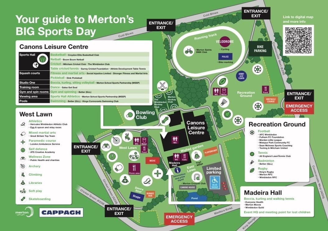 Illustrated site map for Merton's Big Sports Day at Canons Leisure Centre