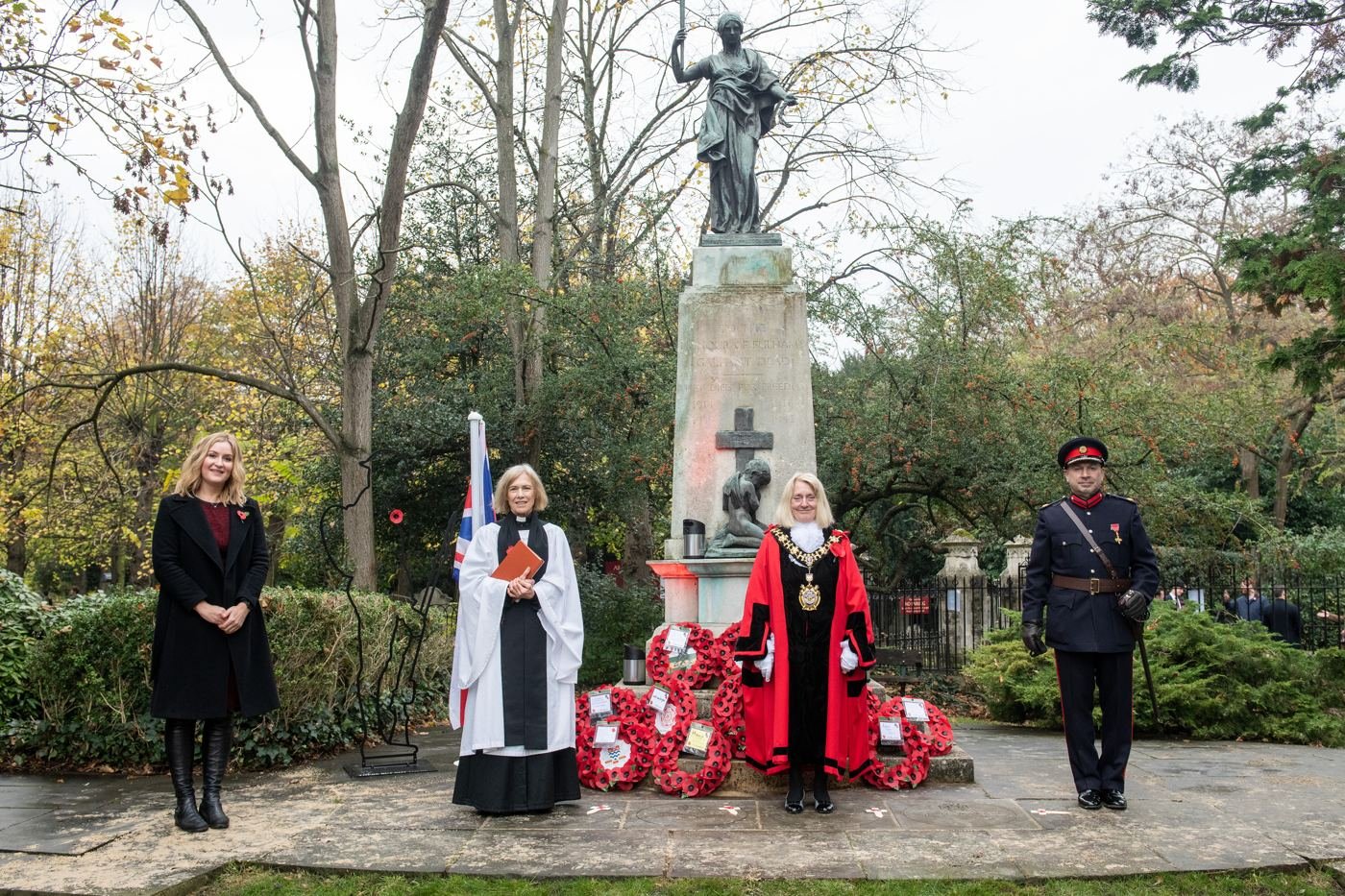 Layla with the Mayor, clergy and the Deputy Lieutenant at the Fulham war memorial on Remembrance Sunday