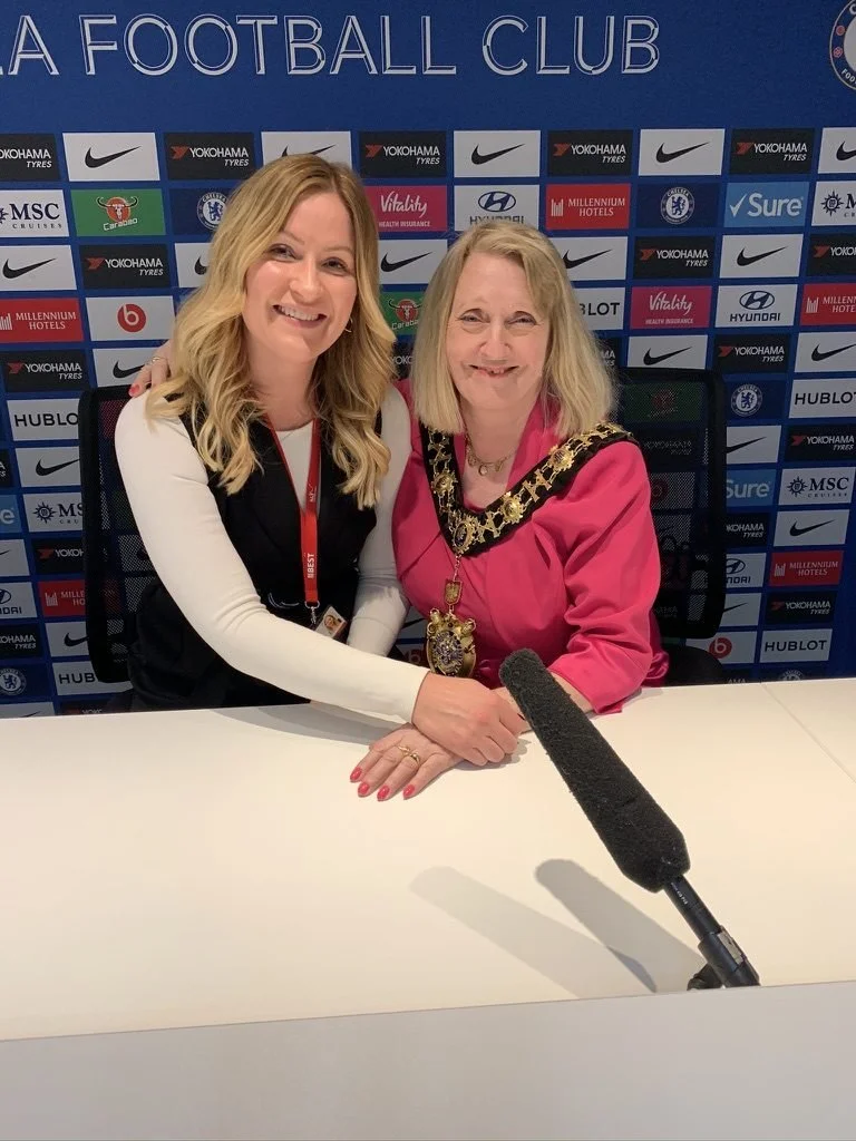 Layla with the Mayor in the press room at Chelsea Football Club