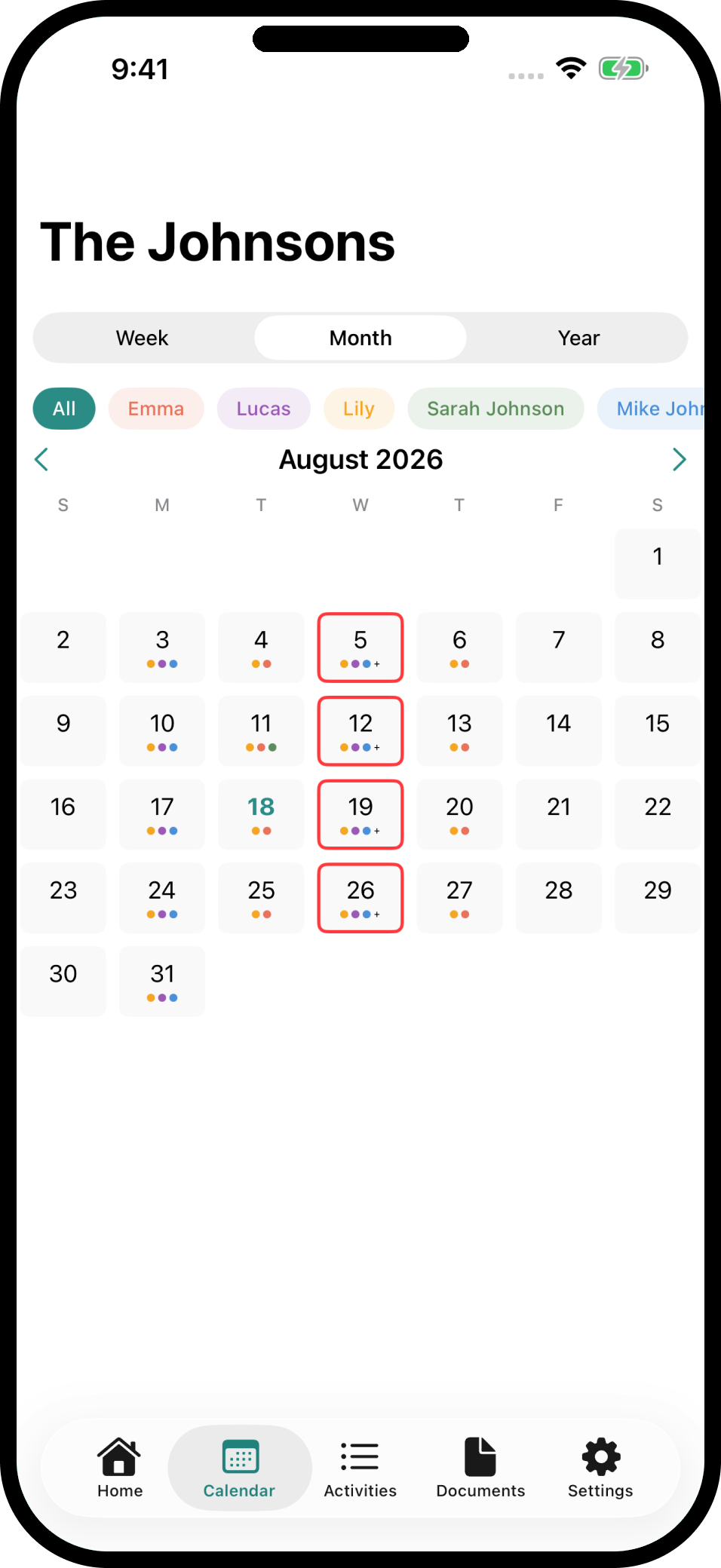 Cadence calendar week view color coded by family member