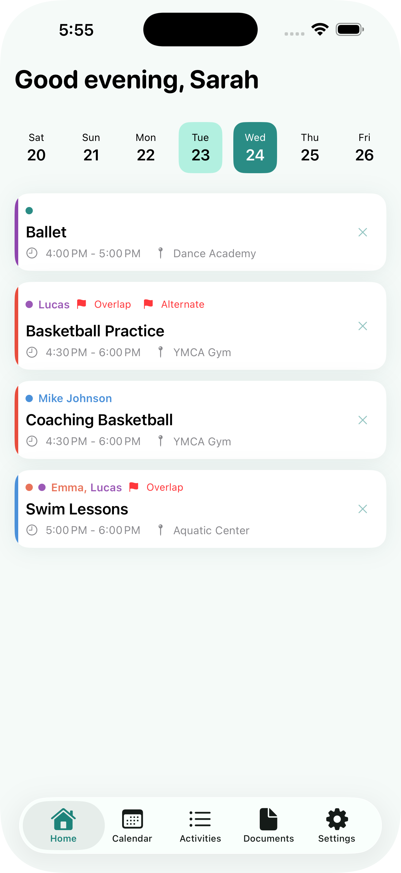 Cadence app dashboard showing family activities