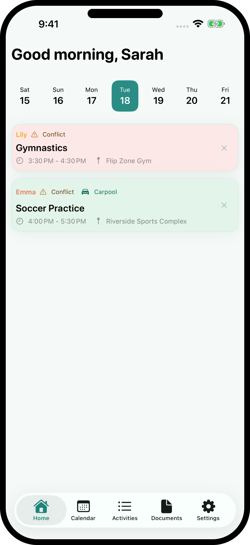 Cadence dashboard showing Conflict and Carpool flags on activity cards