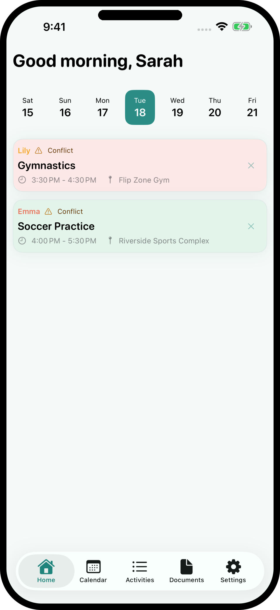 Cadence dashboard showing a family's activities for the day, organized by person