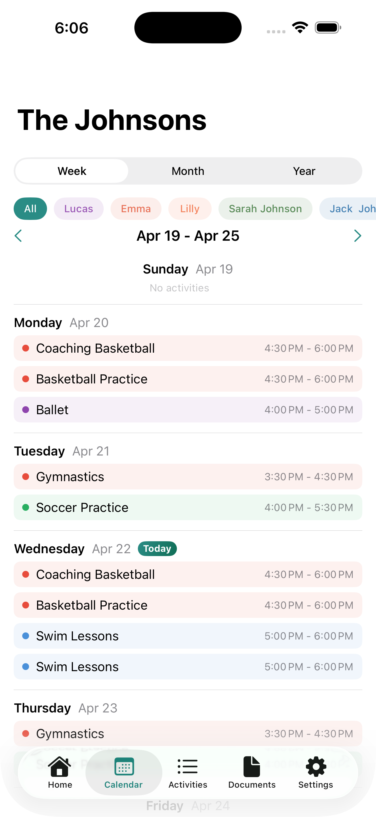 Cadence weekly calendar view showing color-coded activities for each family member across the week