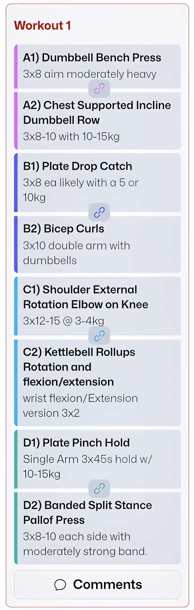A full rehab session shown exercise by exercise in the online rehab platform