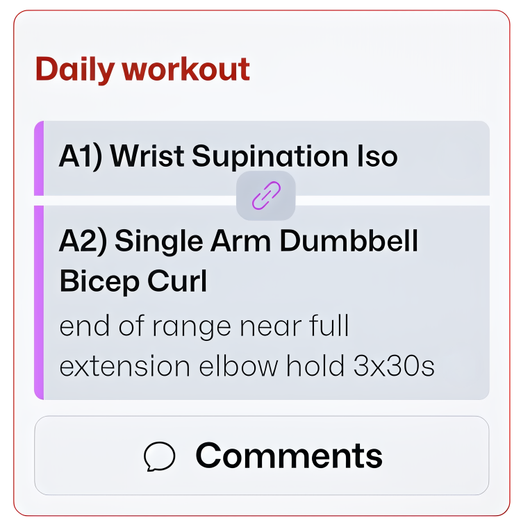 Short daily rehab exercises scheduled alongside the main training sessions