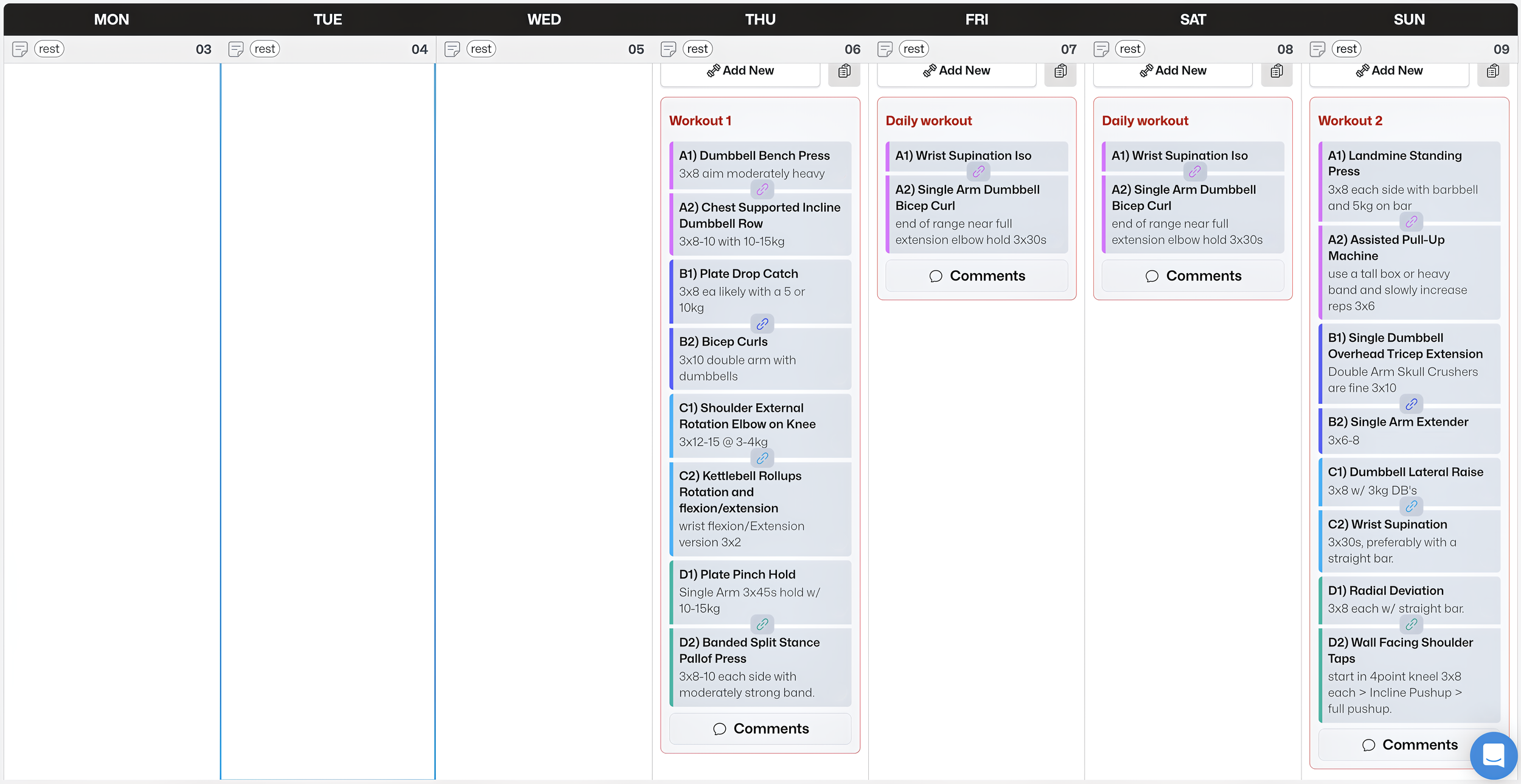 A week of rehab sessions laid out day by day in the online rehab platform