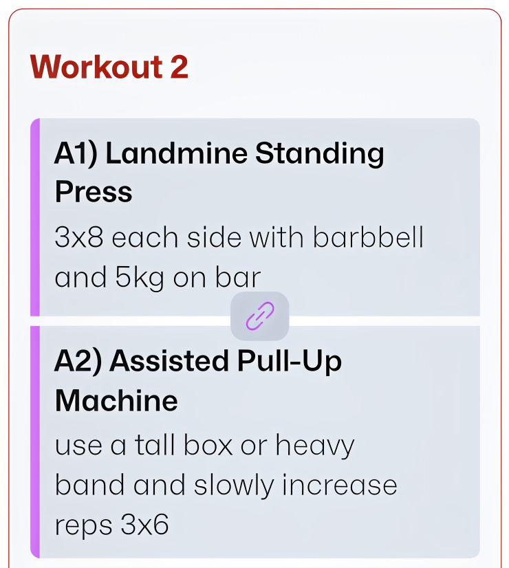A coaching note attached to a rehab session, adjusting an exercise for available equipment