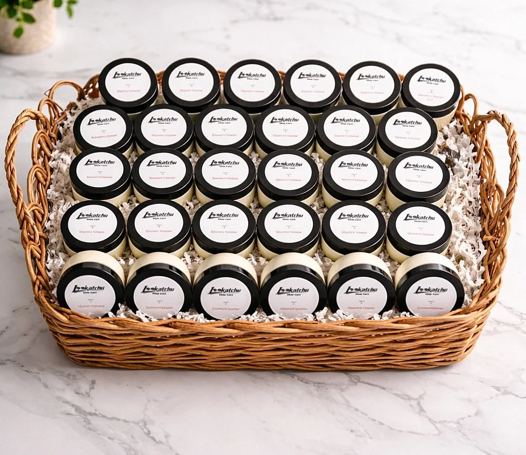 Basket filled with Lookatchu body butter jars with black lids
