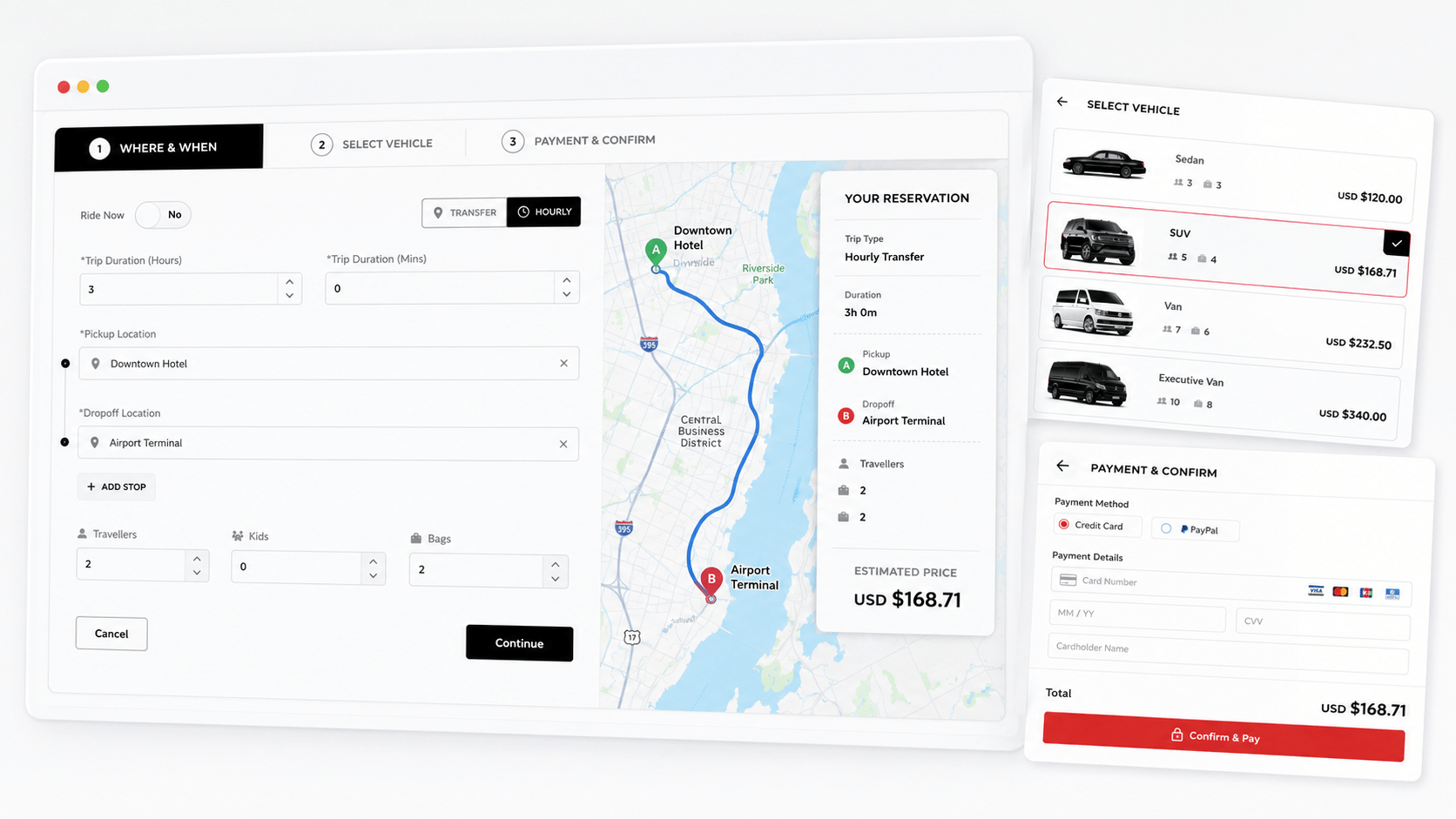 WebConnect where and when booking screen with live map and reservation summary