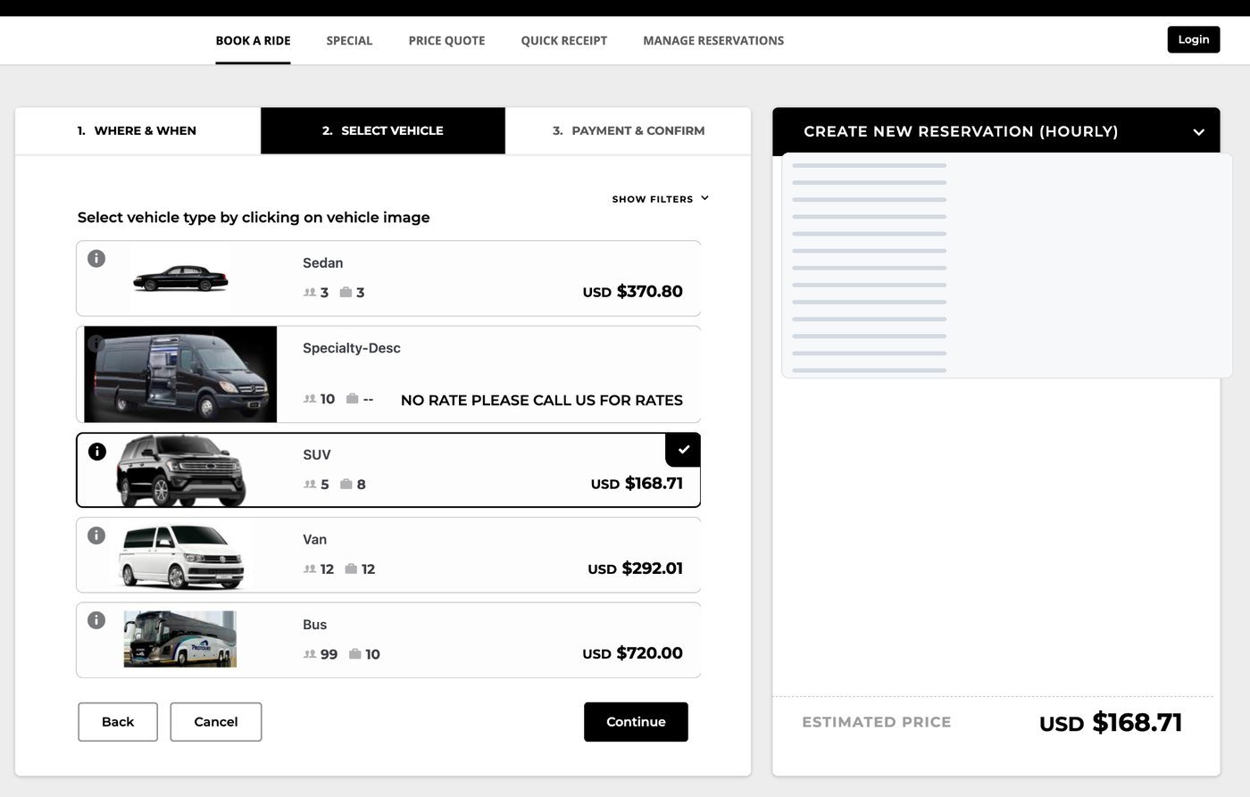 WebConnect vehicle selection step